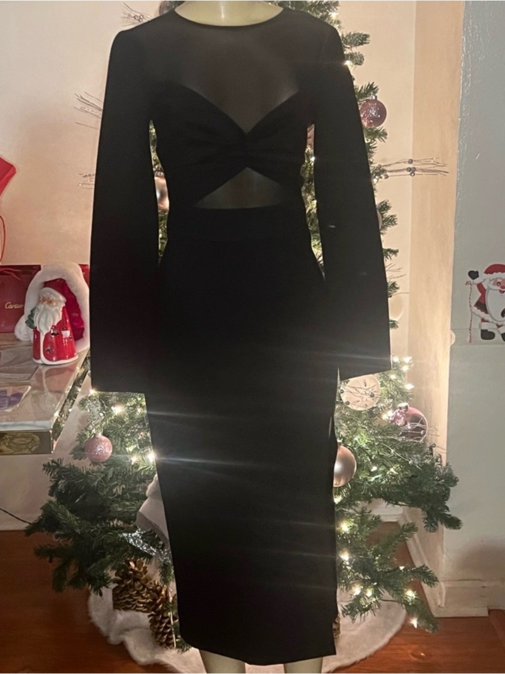 Black Long Sleeve Sheer Panel Midi Dress
